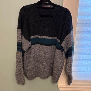 David Taylor Men’s XL V-Neck Sweater Black Gray Teal Colorblock Knit Pullover